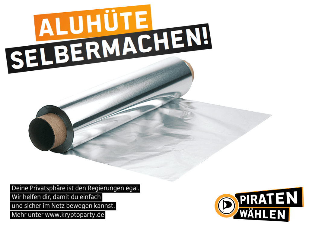 gezeigt ist eine Rolle Alufolie, darüber streht "Aluhüte selber machen!"