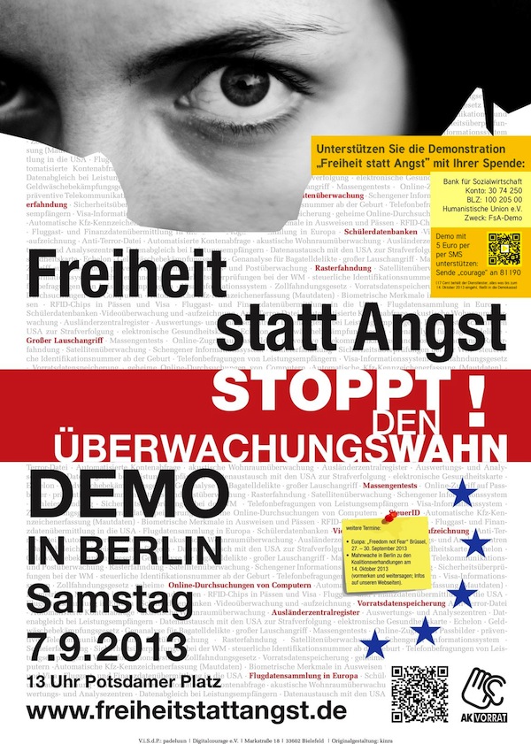Freiheit statt Angst, stoppt Überwachungswahn! Demo in Berlin, Samstag 7.9.2013