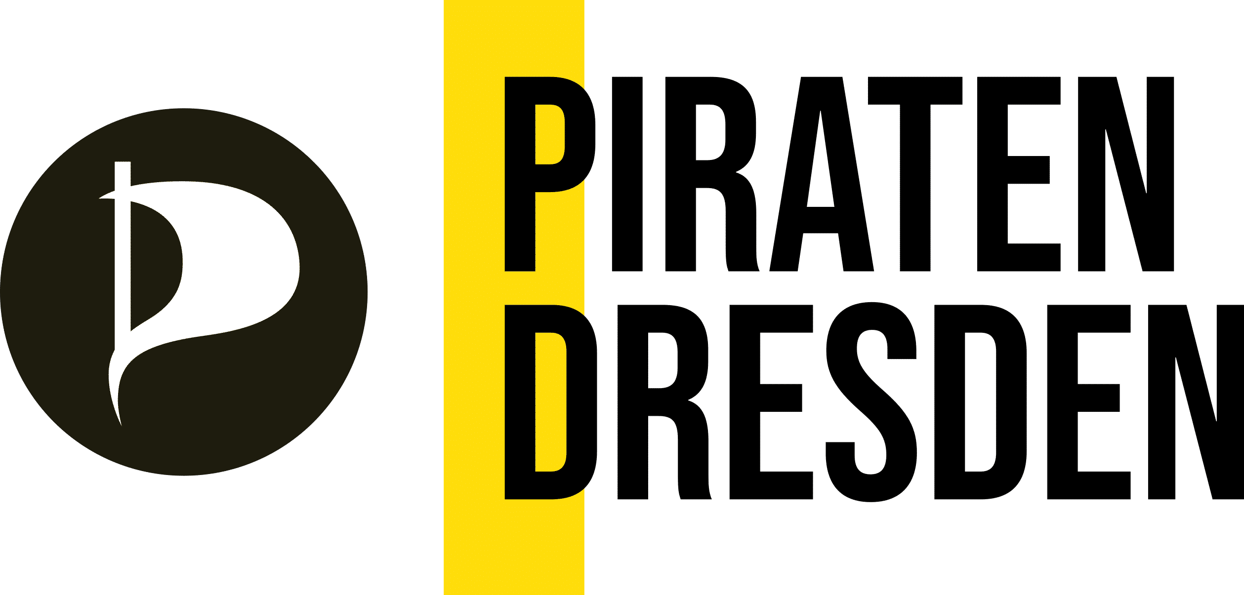 Logo der Piraten Dresden, ein P in schwarzen Kreis und die Worte "Piraten Dresden"; im Hintergrund ein gelber senkrechter Balken.