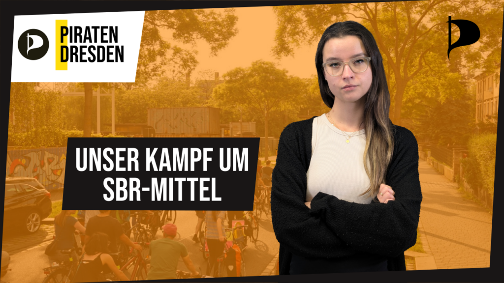 Anne Herpertz, blass, lange dunkle Haare, große Brille, vor einem orangen Hintergrund, bei dem Bäume und Menschen angedeutet sind. Neben ihr zu lesen: Unser Kampf um SBR-Mittel. In den beiden oberen Bildecken sind das Logo der Piraten Dresden und das Piraten-Signet.