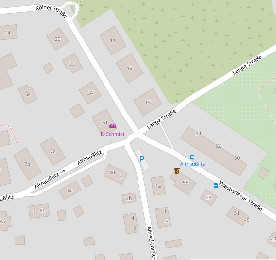 Kreuzung Altlaußnitz, Lange Straße, Wiesbadener Straße, Kölner Straße, Alfred-Thiele-Straße; Quelle OSM