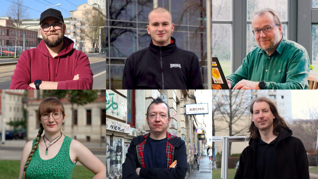 Portraits der sechs Stadtbezirksbeiratsmitglieder der Piraten Dresden. V.l.n.r.o.n.u. Steve König, Tigo Stolzenberger, Jens Hänsch, Stephanie Henkel, Jan Kosyk, Daniel Quitt.