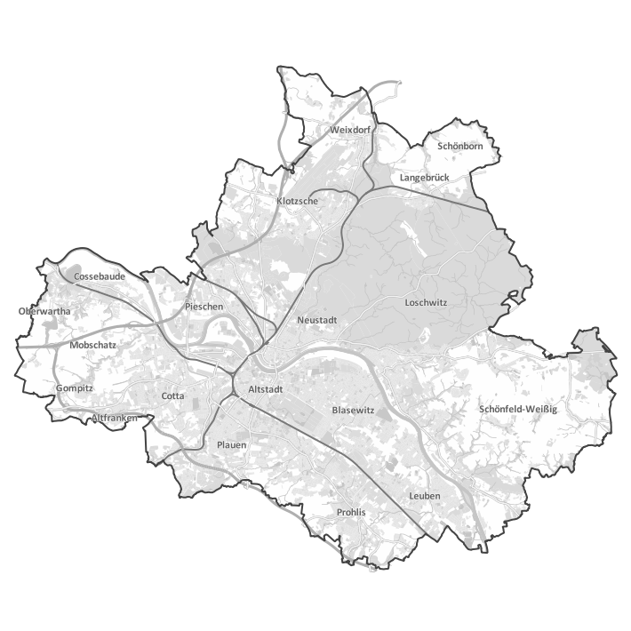 Zu sehen ist der Dresdener Stadtplan in Graustufen.