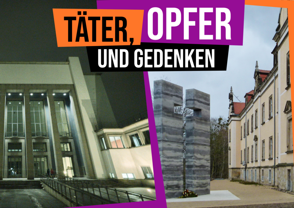 Sharepic mit Text: Täter, Opfer und Gedenken. Bebildert mit einer Kollage mit Fotos des Deutschen Hygiene Museums und dem Mahnmal in Pirna Sonnenstein. Auf der einen Seite ein düsteres Bild, dass aus Froschperspektive ein brutalistisch-bauhausiges Gebäude bei Nacht zeigt und daneben ein helleres Bild, was zwei große Granitblöcke zeigt, zwischen denen im negativen Raum ein christliches Kreuz entsteht, die vor einer Schlossfassade stehen.